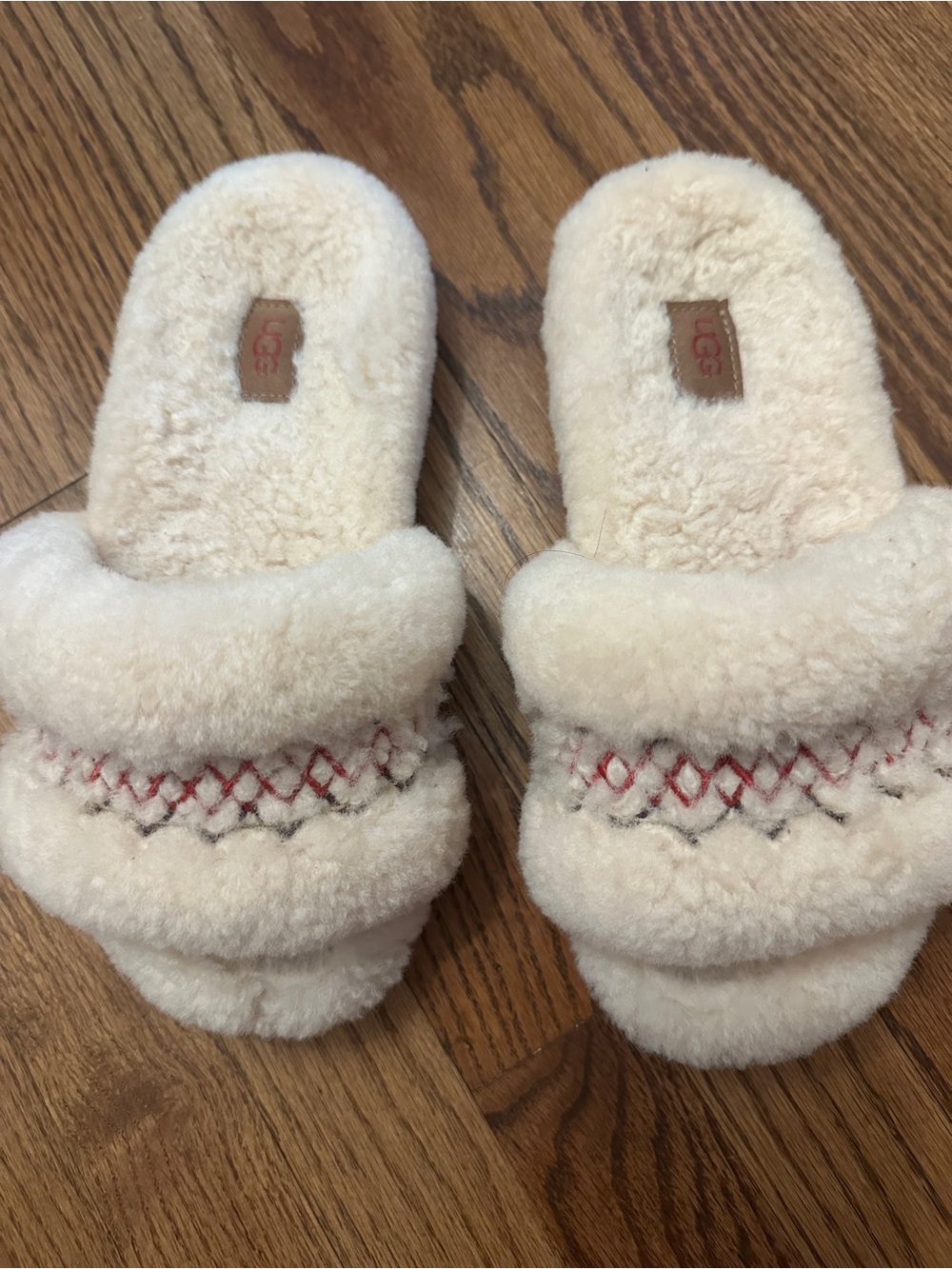 UGG Cream Sheepskin Slide Slippers with Red Stitch Accents
